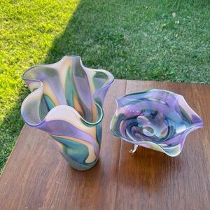 Elegant Multicolor Hand Blown Glass Art Vase and Bowl Set